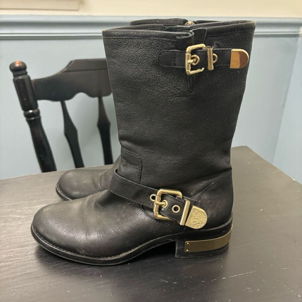 Vince Camuto Michell Bleack Leather Harness Boots Gold Tone Buckles 8 Medium